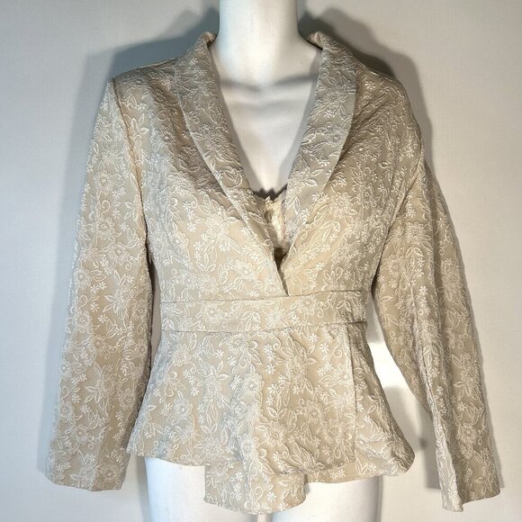 Cream Brocade SZ XXL Lace Print Peplum Top/Jacket Dressy Formal Vintage Inspired - Picture 2 of 9